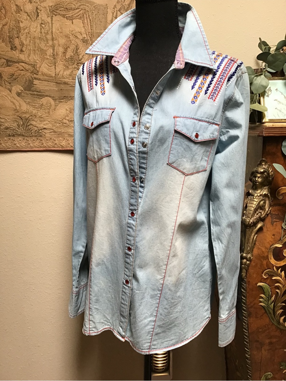 Embroidered Light Blue Denim Button-Down Shirt - Women
